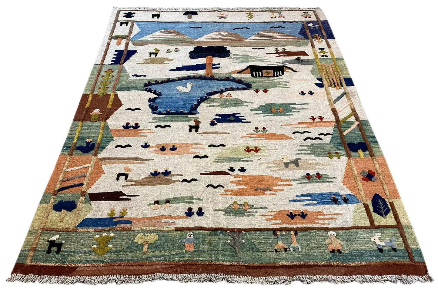 Kilim Qashqai-Teppich, ausgelegtes Exemplar mit farbigem Rahmen und Fransen