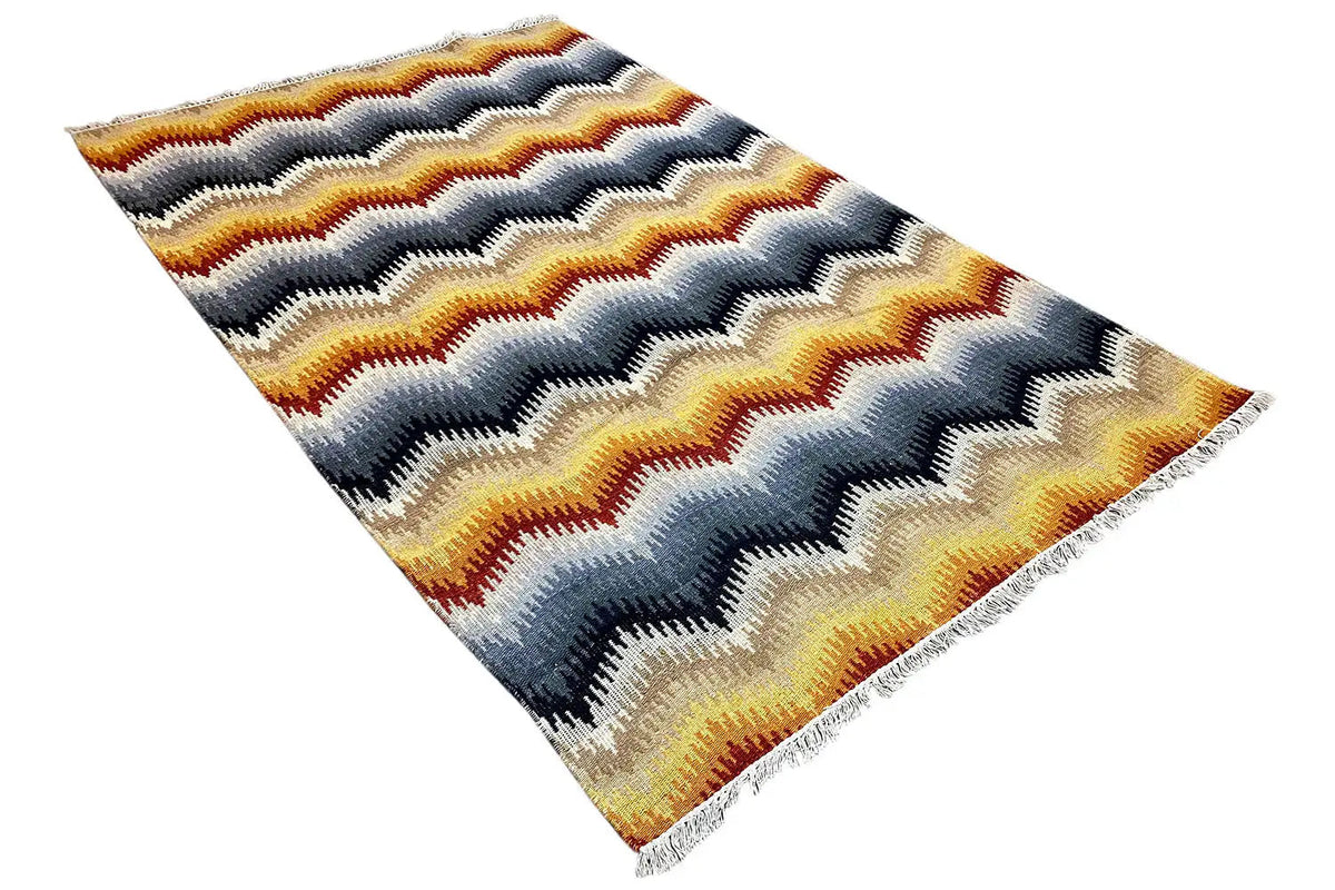 Kelim-Teppich 160x230 cm mit Zickzack-Wellen in Blau, Creme und Orange
