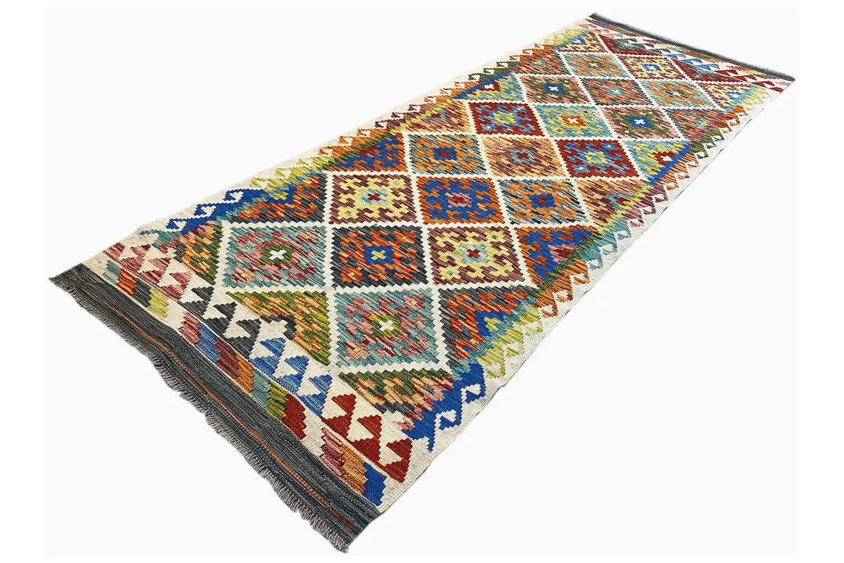 Afghanischer Läufer mit Patchwork-artigen Quadraten in Blau, Orange, Grün und Gelb, Fransen