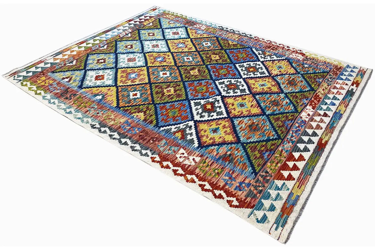 Kelim-Teppich (Afghan) schräg, farbenfrohe Muster aus Rauten, Rechtecken und Zacken