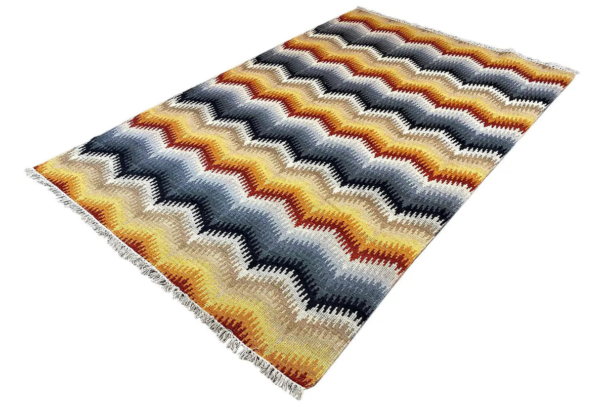 Kelim-Teppich 160x230 cm, diagonale Ecke, Zickzackmuster in Blau und Gelb