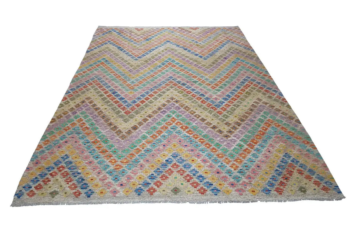 Afghanischer Kelim 298x210 cm mit Pastell-Zickzack und mehrfarbigen Flächen