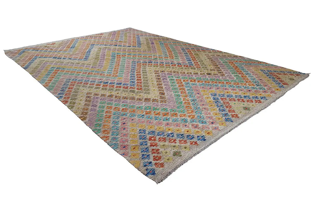Afghanischer Kelim 298x210 cm, dreieckige Perspektive, mehrfarbiges Chevron-Muster