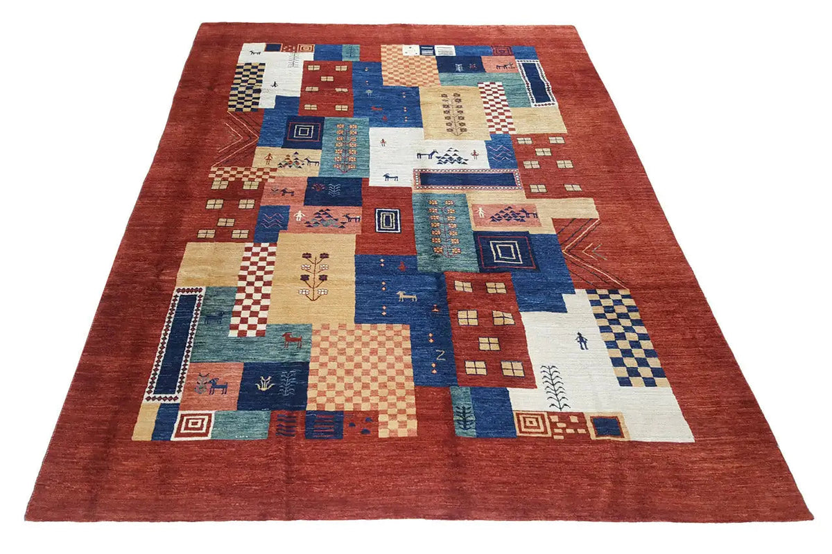 Gabbeh-Lori-Teppich (278x182 cm) mit rotem Rand, Patchwork aus Blau, Creme und Ziegel