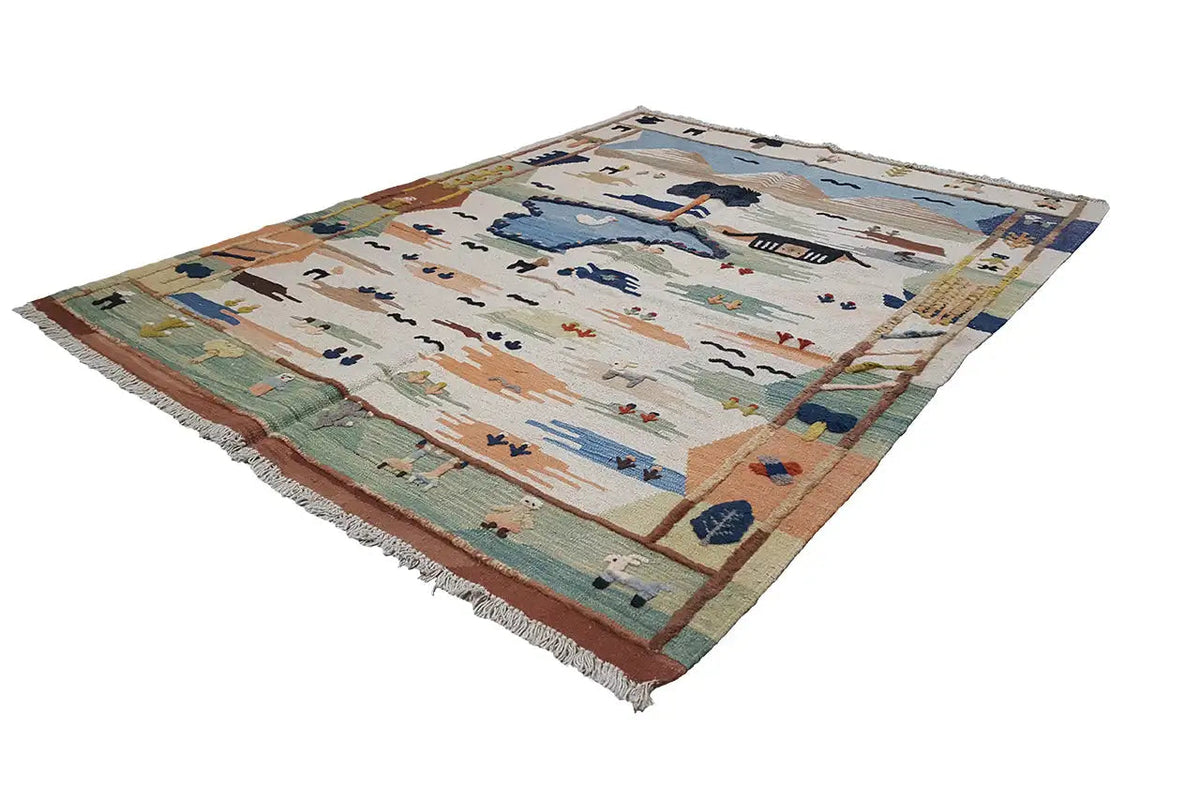 Kilim Qashqai-Teppich, mehrfarbig mit Tier- und Landschaftsmotiven, mit Fransen