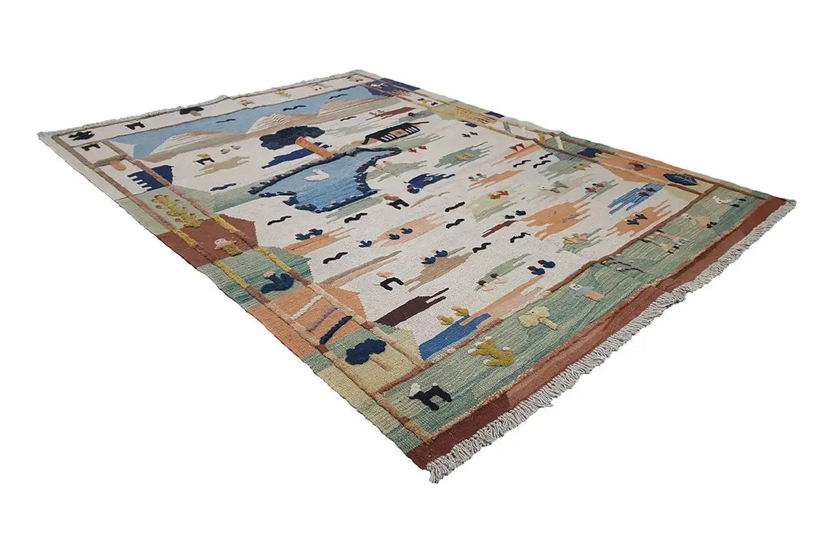 Kilim Qashqai-Teppich mit Fransen, großes Muster mit Figuren und Landschaftselementen