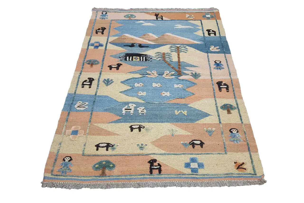 Kilimteppich mit Tier- und Symbolmustern, hellblau & beige, Fransen
