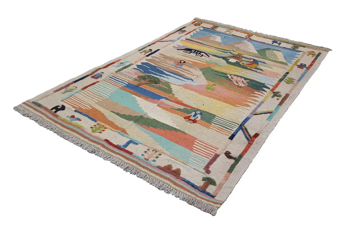 Kilim Qashqai Teppich mit mehrfarbigem Muster und Fransen, ca. 151x104 cm