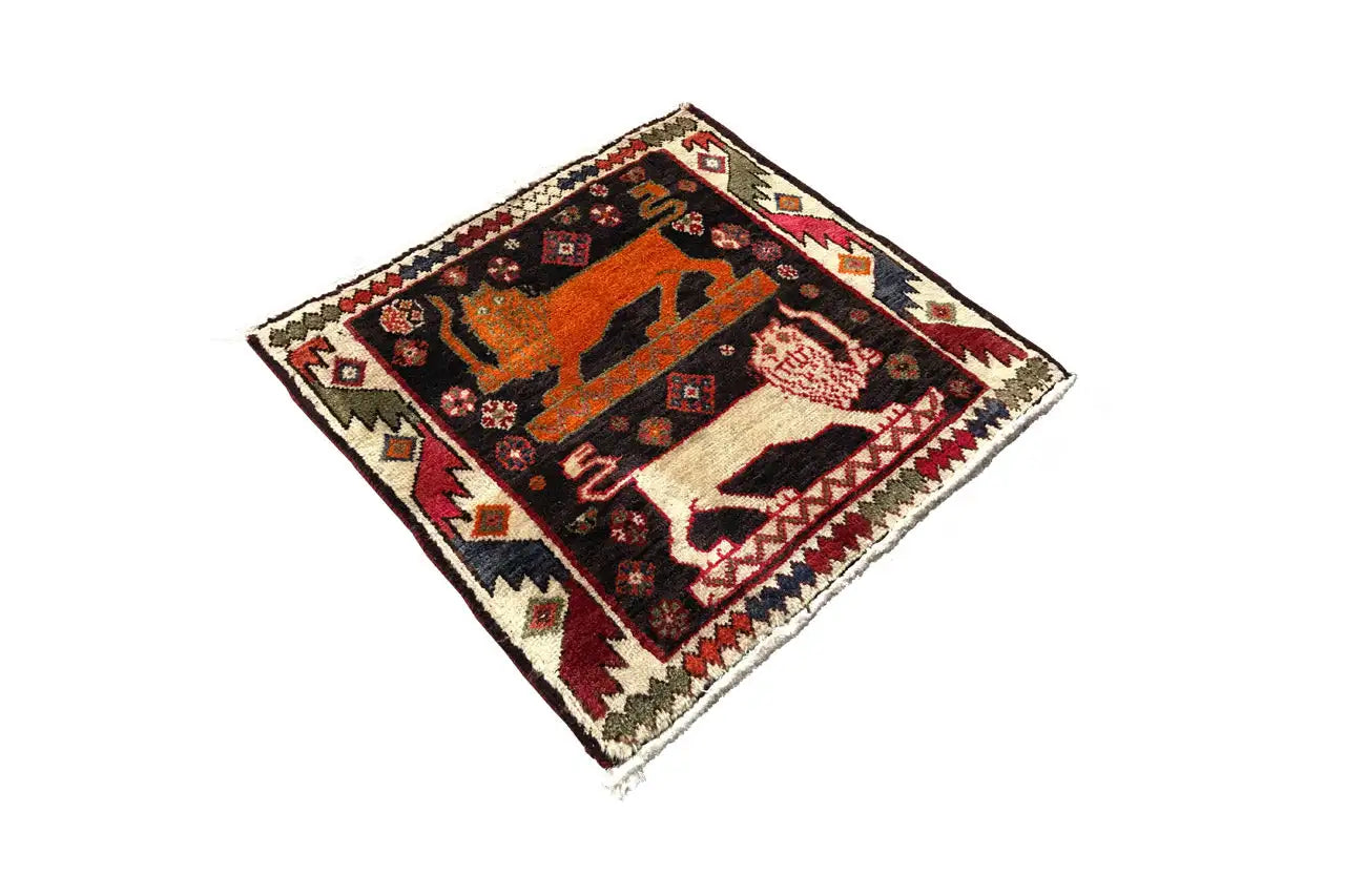 Teppich Poschti Qashqai mit orange-schwarzem Tiermuster und Fransen, 63×58 cm