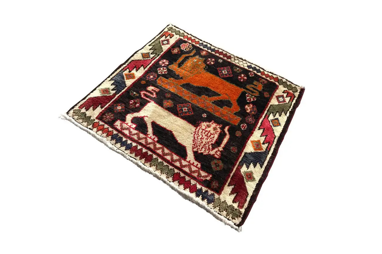 Teppich Poschti Qashqai mit geometrischem Rand, orange-schwarzen Tiermotiven, 63×58 cm