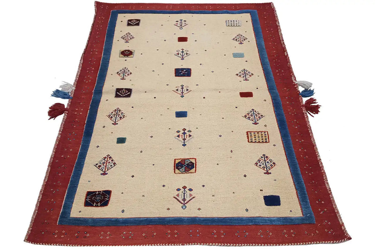 Teppich Soumakh 15407 in Beige mit rotem Rand, blauem Mittelband und geometrischen Mustern