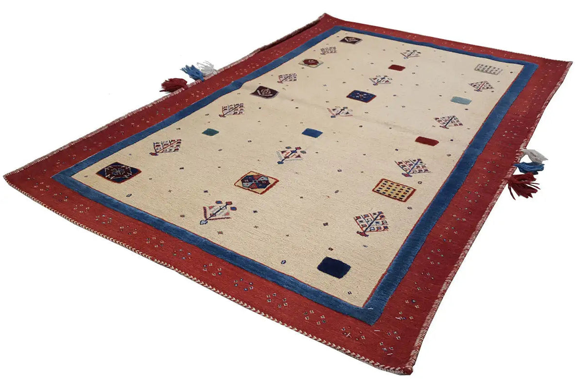 Teppich Soumakh 15407, beige Fläche mit blauem Rand und rotem Bordürenmuster