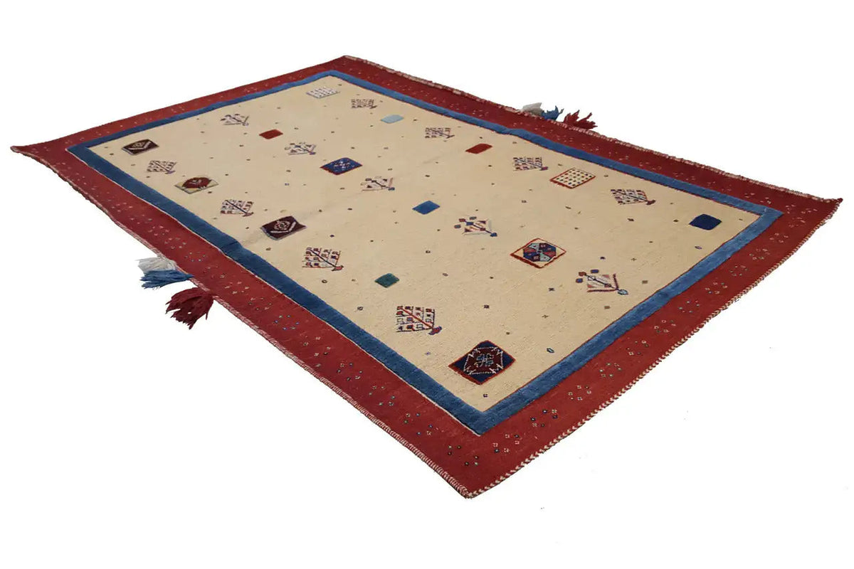 Teppich Soumakh 15407 mit beige Fläche, rotem Rahmen, blauem Mittelband und Quasten