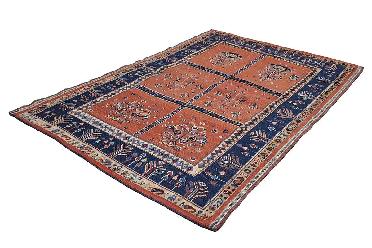 Soumakh-Teppich, rechteckig, orange und blau mit geometrischem Muster, 149x105 cm