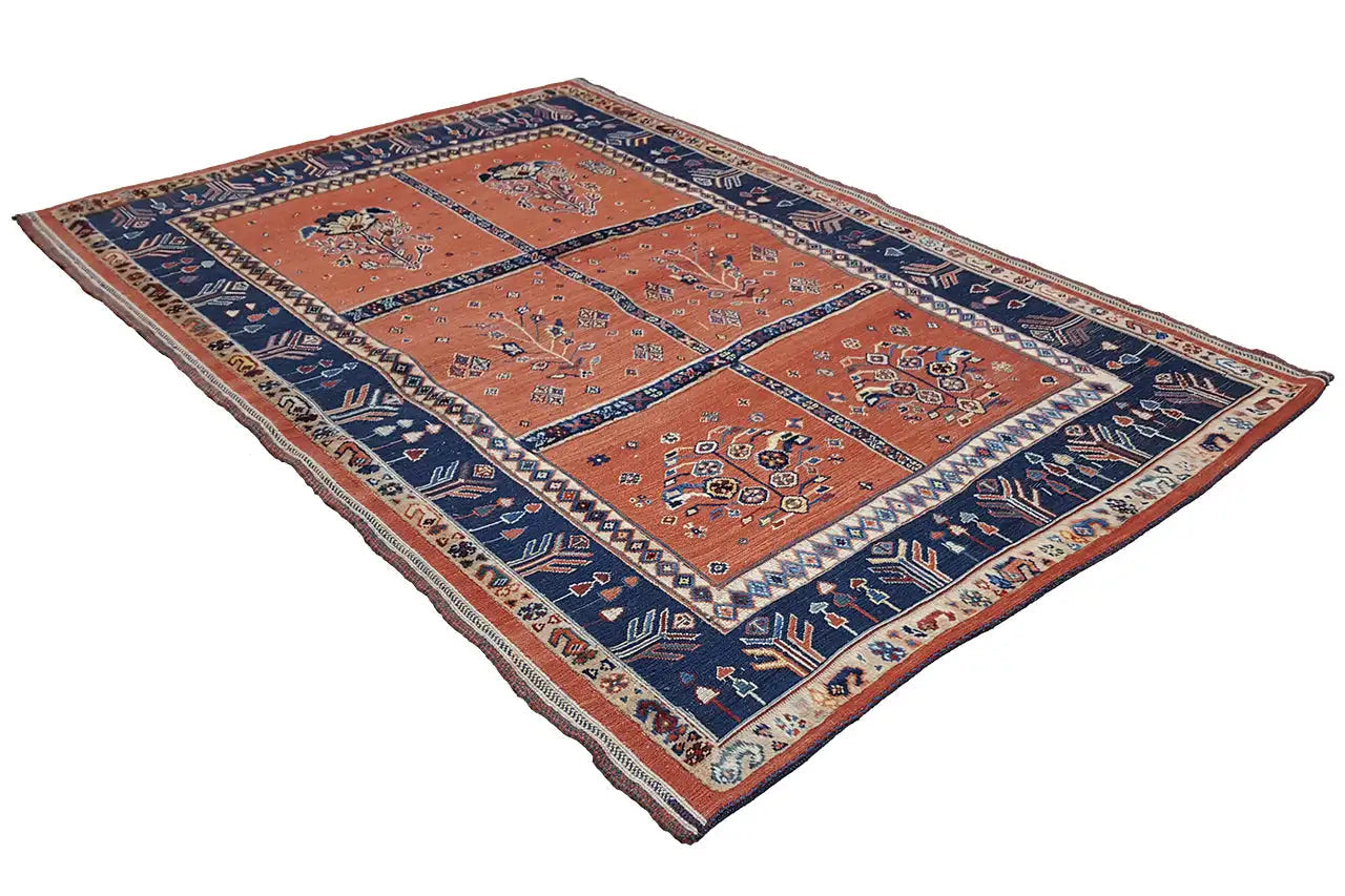 Soumakh-Teppich, rechteckig, orange/blaue Felder mit Ornamenten und Rändern, 149x105 cm