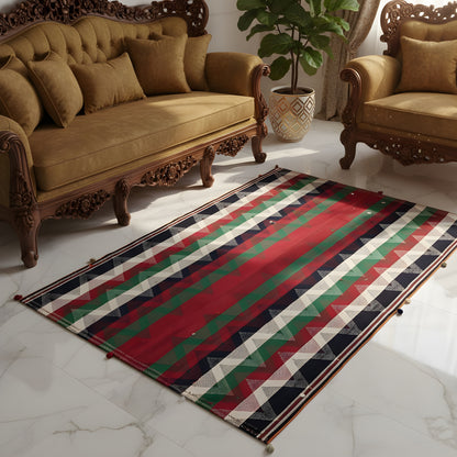 Schlafzimmer farbiger Jajim Wollteppich im traditionellen Boho-Dekor