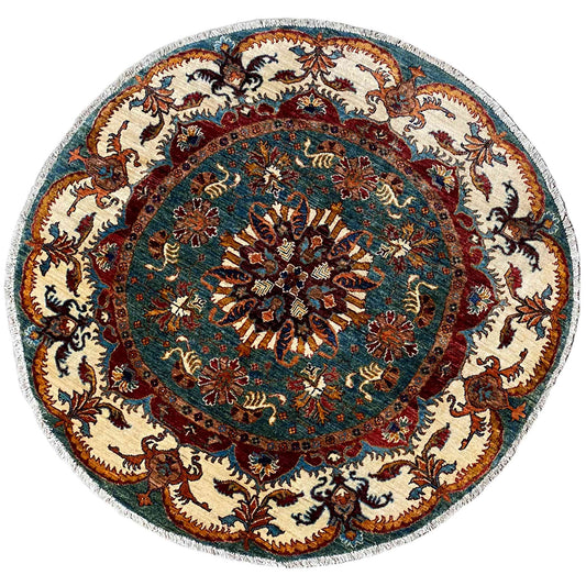 Blaugrüner & Beiger Runder Kazak Teppich, 150x145 cm - German Carpet Shop