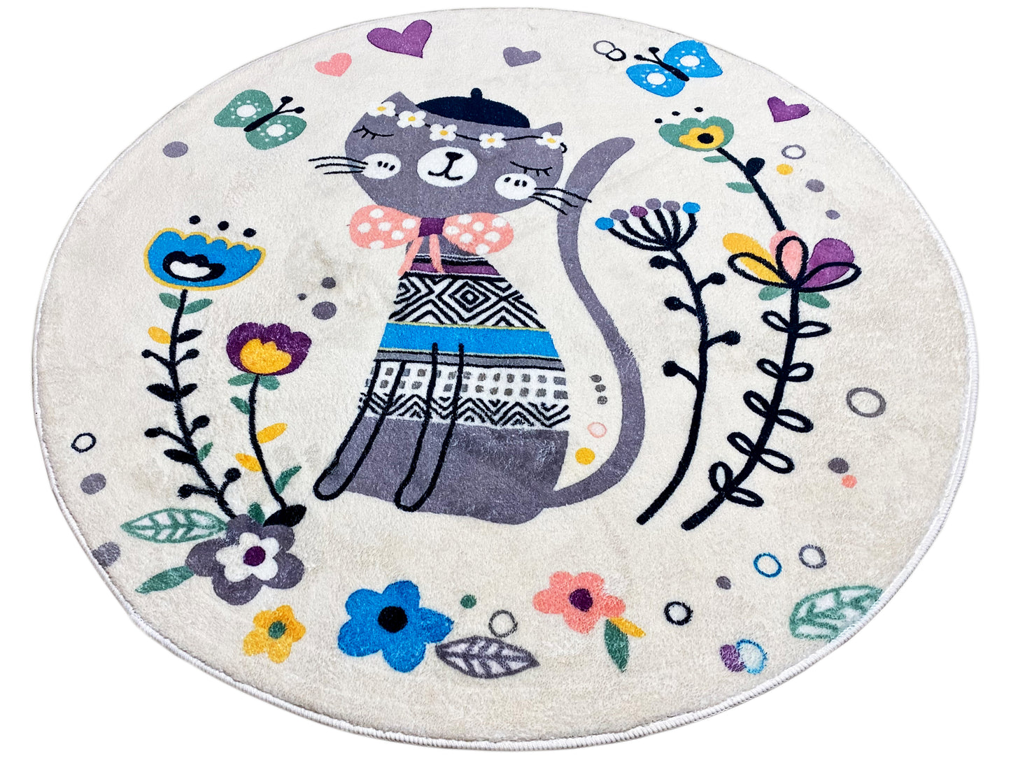 Runder Kinderteppich Katze, Weiß, 100 cm