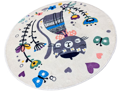 Runder Kinderteppich Katze, Weiß, 100 cm