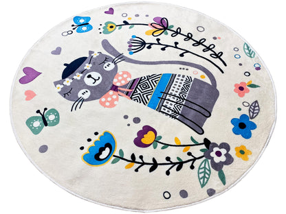 Runder Kinderteppich Katze, Weiß, 120 cm