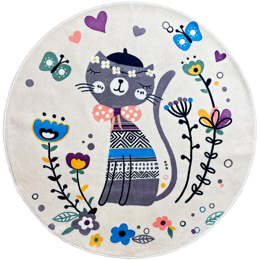 Runder Kinderteppich Katze, Weiß, 120 cm