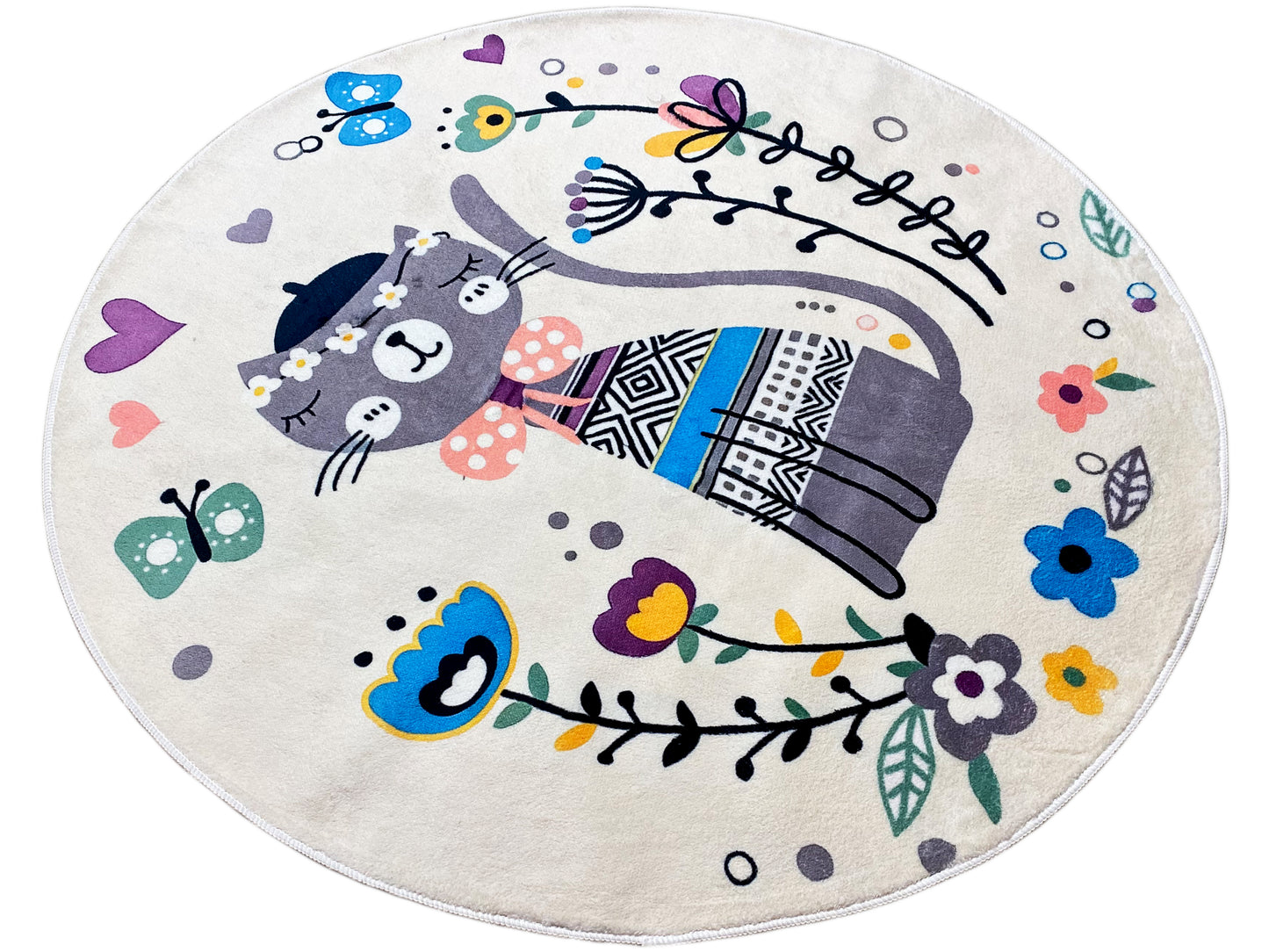 Runder Kinderteppich Katze, Weiß, 160 cm