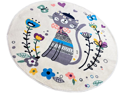 Runder Kinderteppich Katze, Weiß, 160 cm