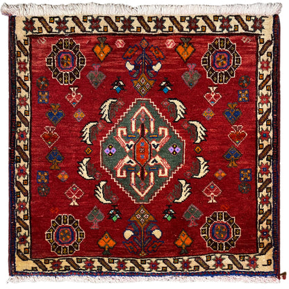 Poshti-Teppich 58x57 cm, roter Knüpfteppich mit geometrischem Muster und Fransen