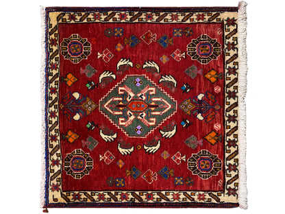 Poshti-Teppich 58x57 cm, rotes Vintage-Ornamentmuster mit Randbordüre und Fransen