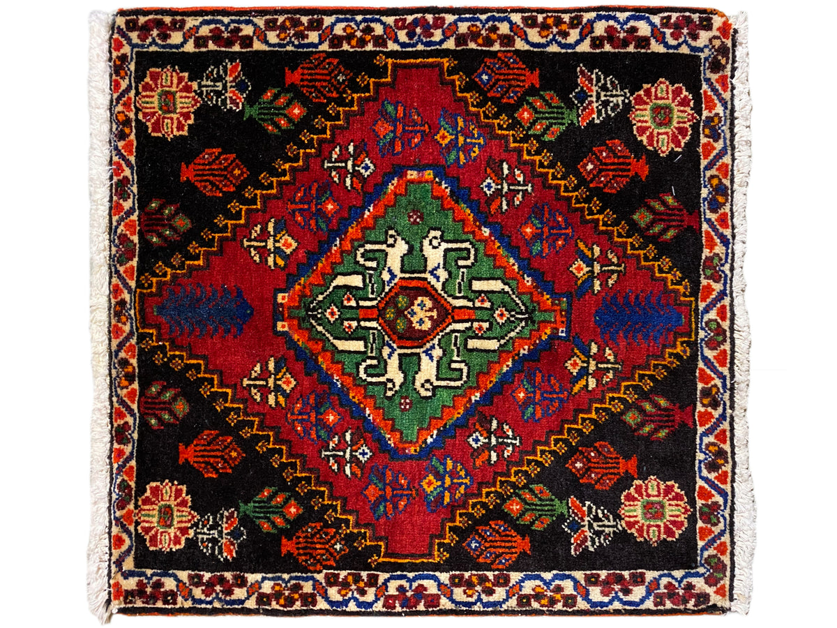 Poshti-Teppich 56x56 cm, quadratisches Muster mit Mittelfeld in Grün und Blau