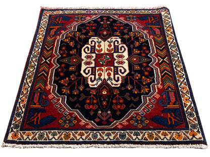 Poshti Teppich rechteckig mit blauem Hintergrund und symmetrischem Ornament-Muster