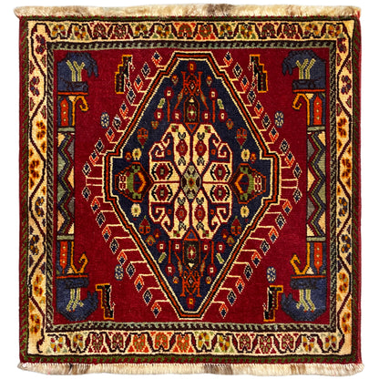 Poshti-Teppich (59×61 cm) mit rotem Flächenmuster, mehrfarbigen Bordüren und Fransen