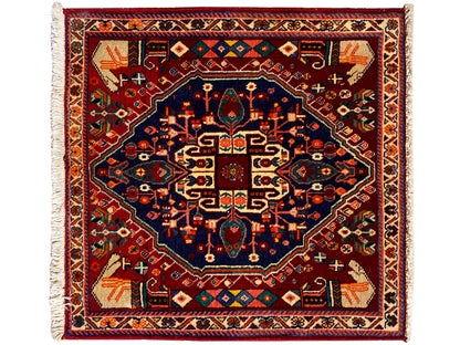 Poshti-Teppich 64x64 cm, quadratisch, dunkelblaues Mittelmedaillon, bunte Ornamente, Fransen