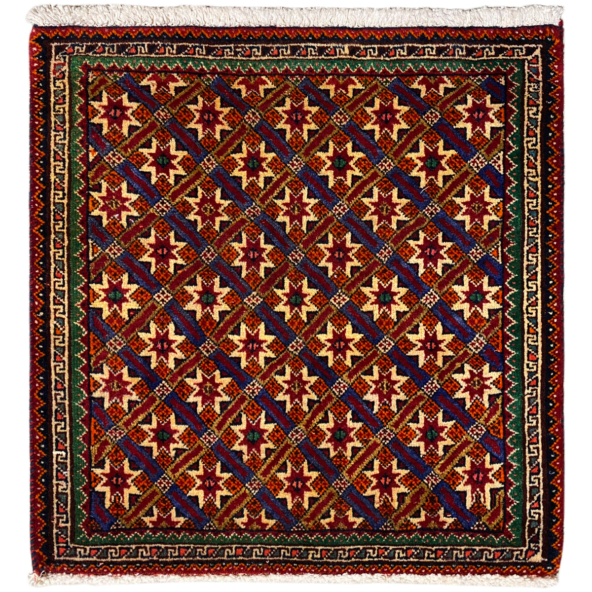 Poshti-Teppich 62x52 cm mit geometrischem Muster, mehrfarbig und Fransen.