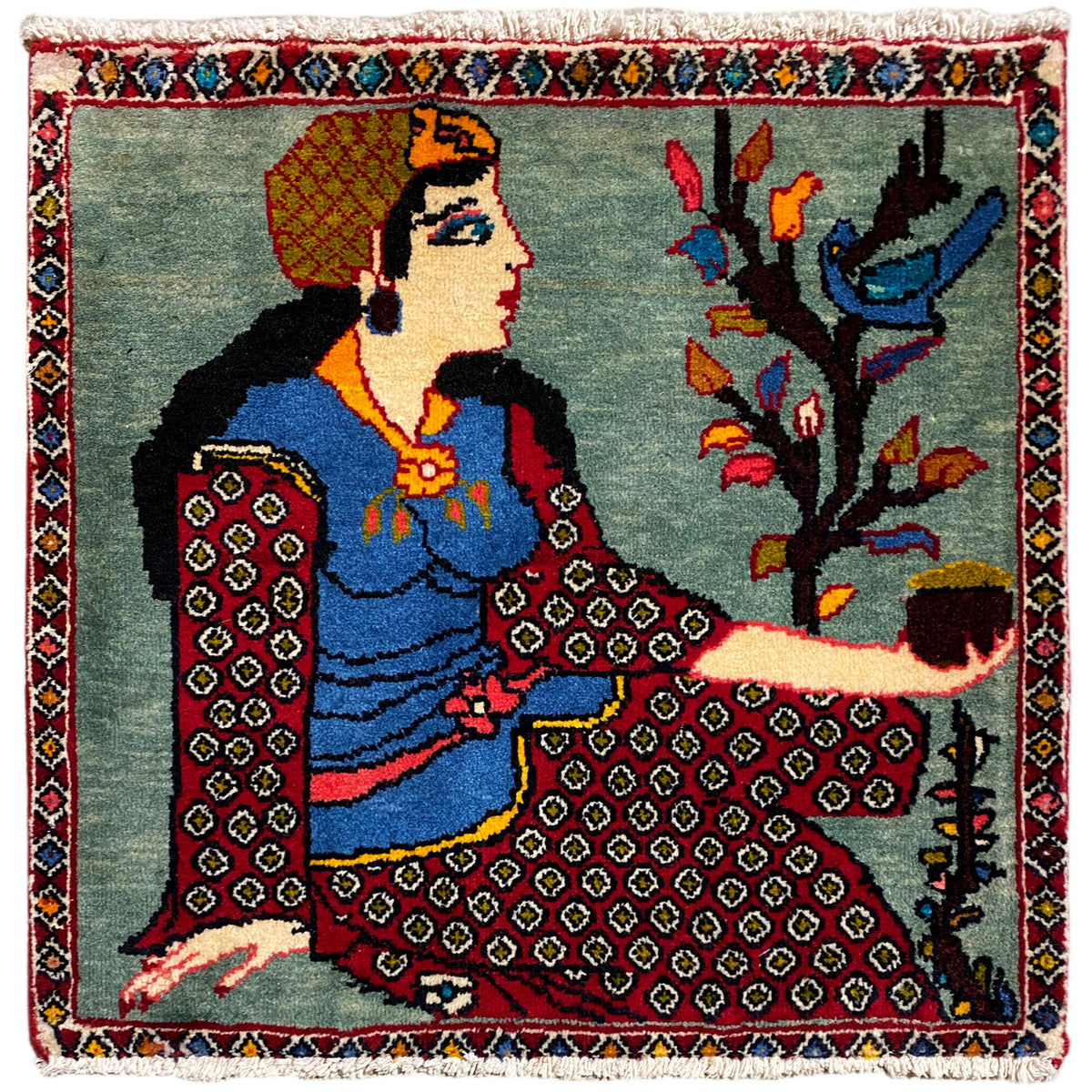 Poshti Teppich 68x63 cm mit Figur, Baummotiv und mehrfarbiger Bordüre, Fransen