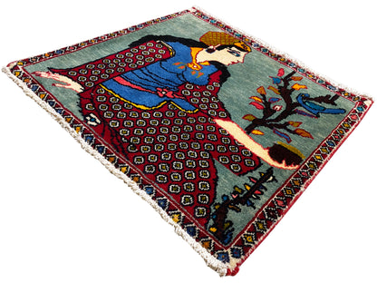 Poshti Teppich 68x63 cm diagonal: Figur und Baum, geometrische Muster, Fransen an den Kanten
