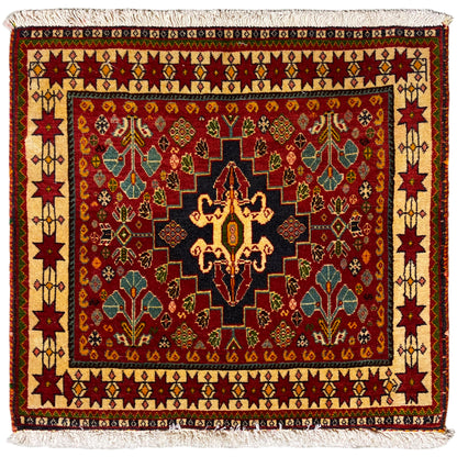 Poshti-Teppich, 60x58 cm, rotes Muster mit schwarzem Medaillon und Fransen