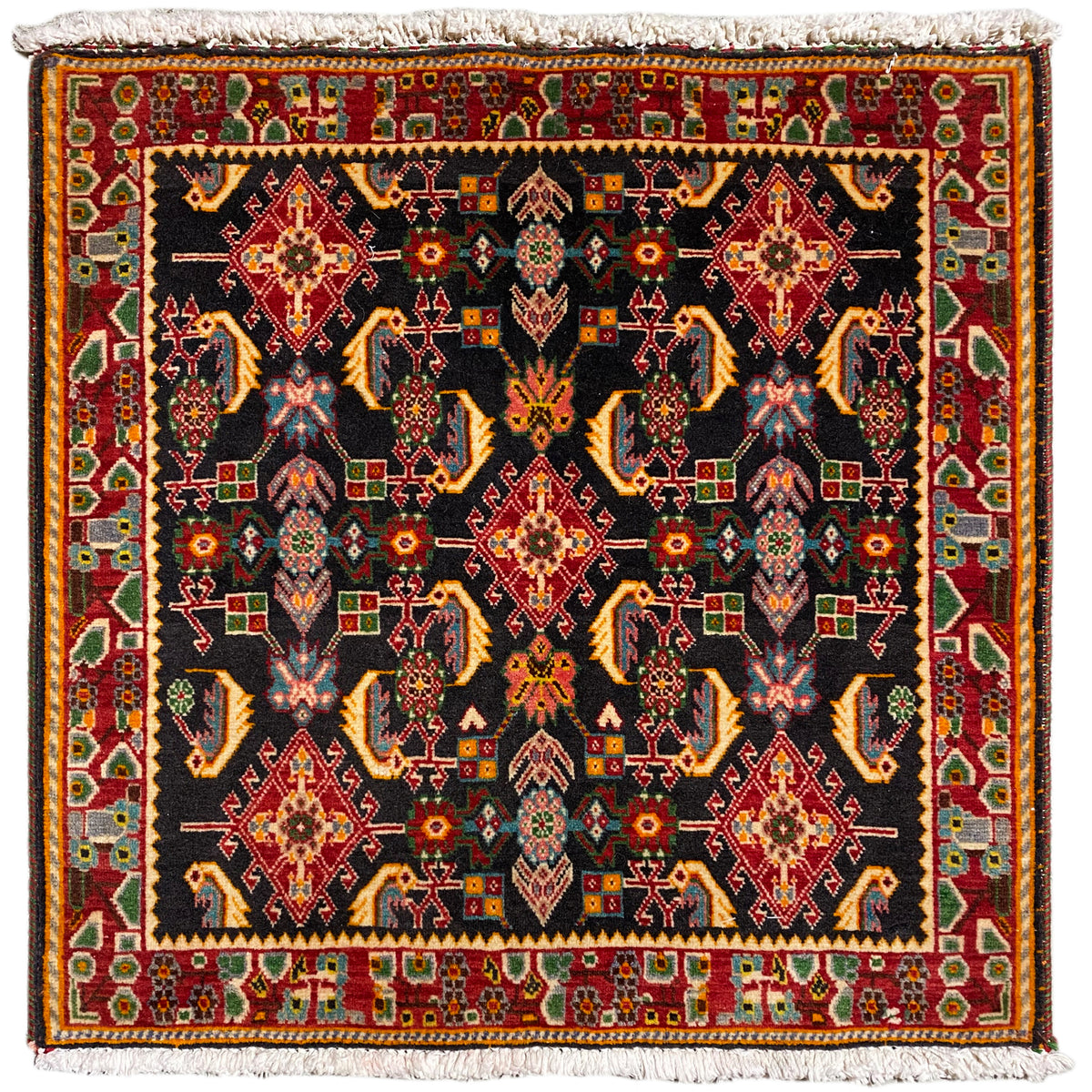 Poshti-Teppich mit geometrischem Muster: schwarz, Rot-, Gelb- und Grüntöne, 66x65 cm