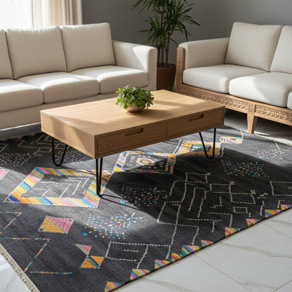Wohnzimmer Moderner Woll-Viskose Teppich in Schwarz mit Rauten Design