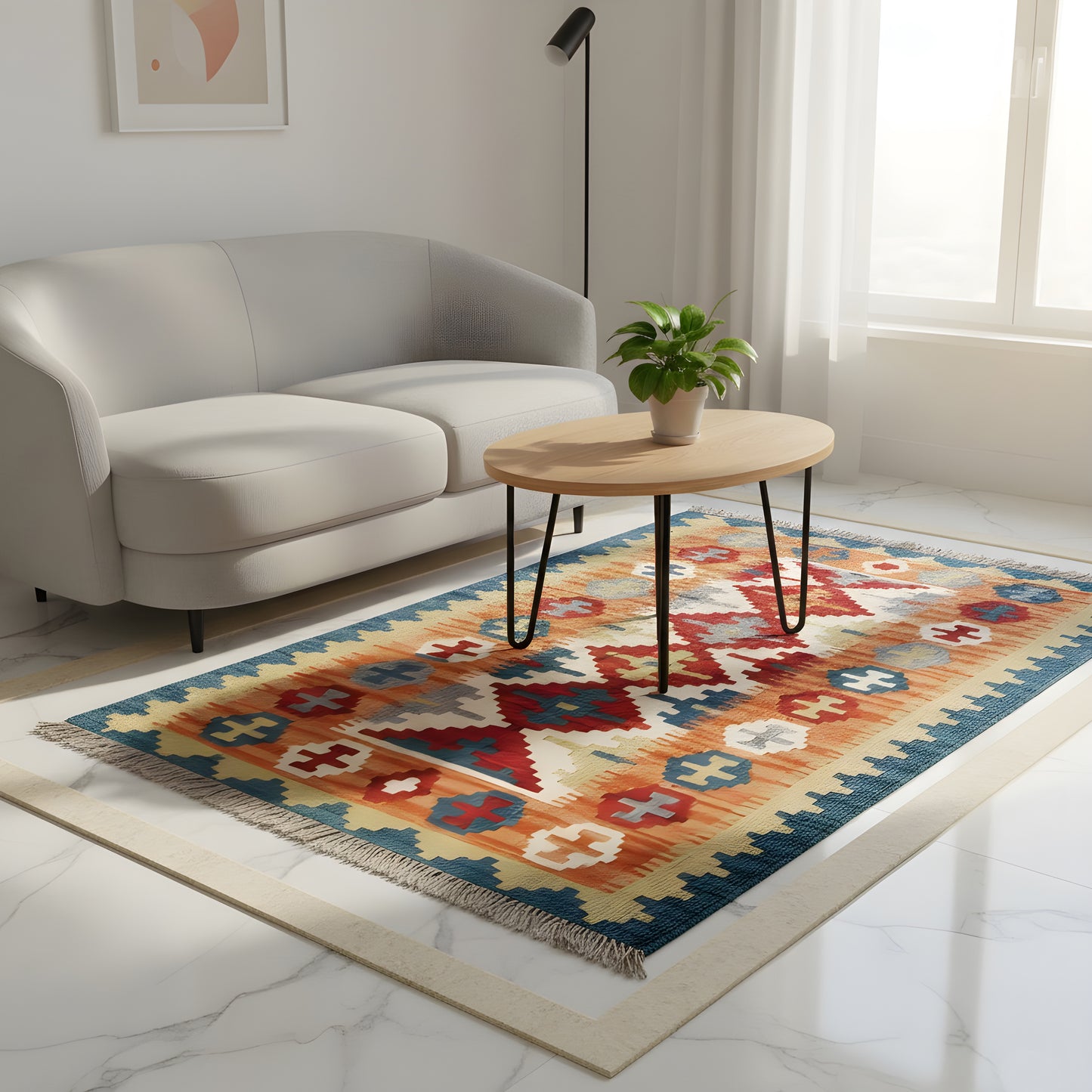 Wohnzimmer Traditioneller Kelim Teppich Qashqai Muster geometrisch in Blau und Rot