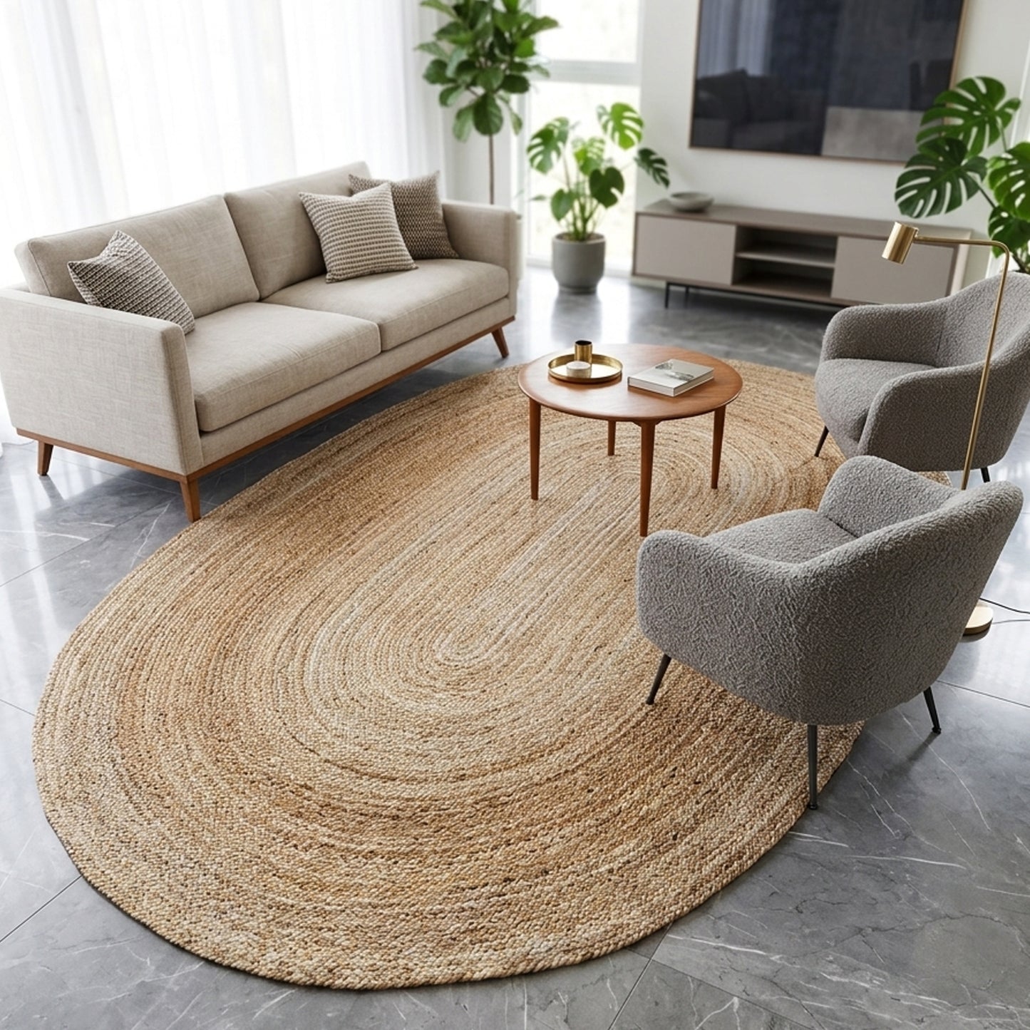 Wohnzimmer-Durable handwoven jute rug beige textured surface