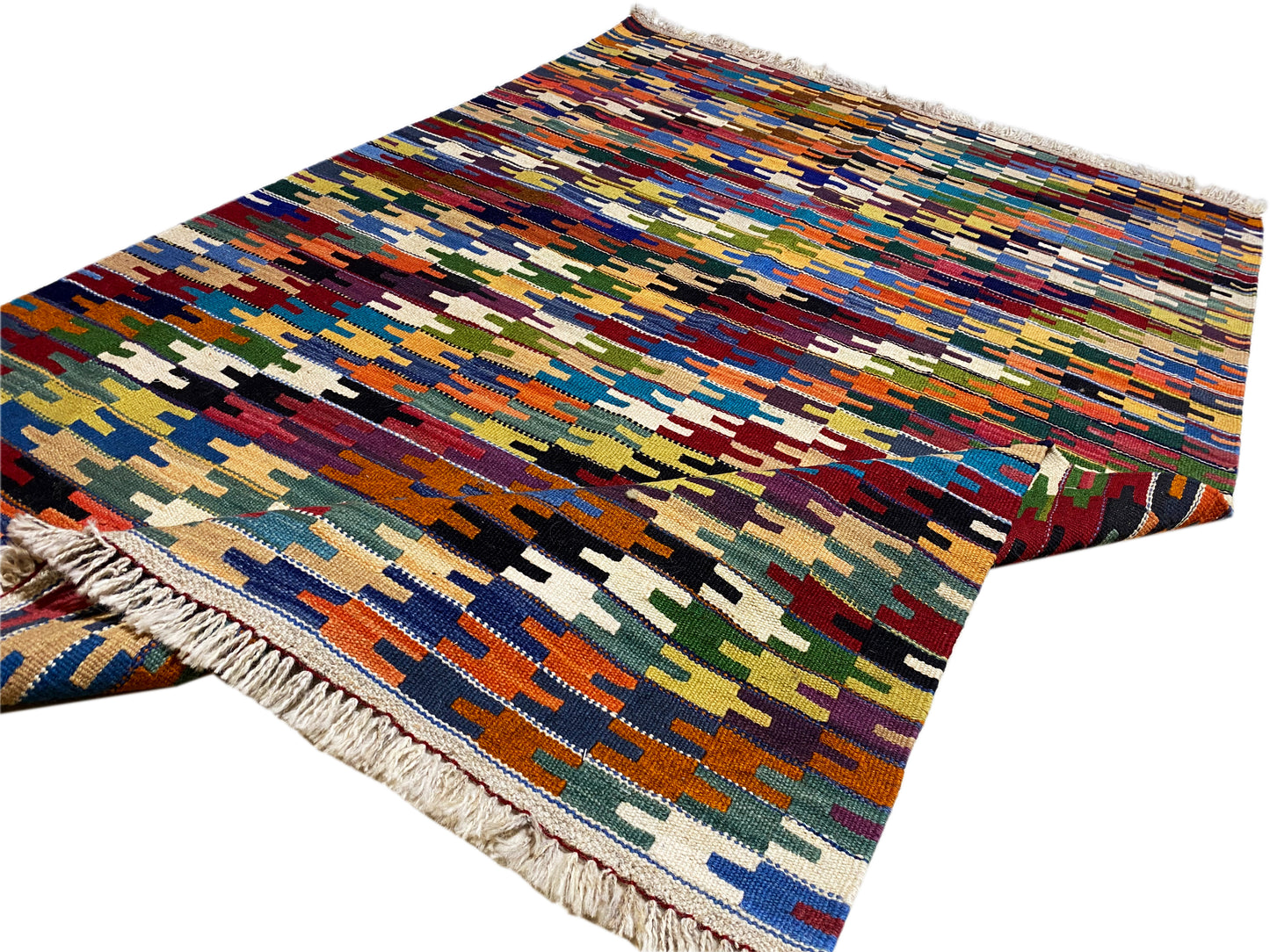 Handgemachter Kelim Teppich mit Mosaikoptik in kräftigen Farben 176x117