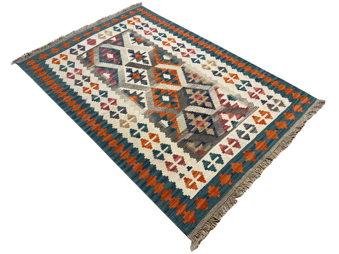 Boho Kelim Qashqai Teppich 152x104 cm, traditionelles Muster in Blau