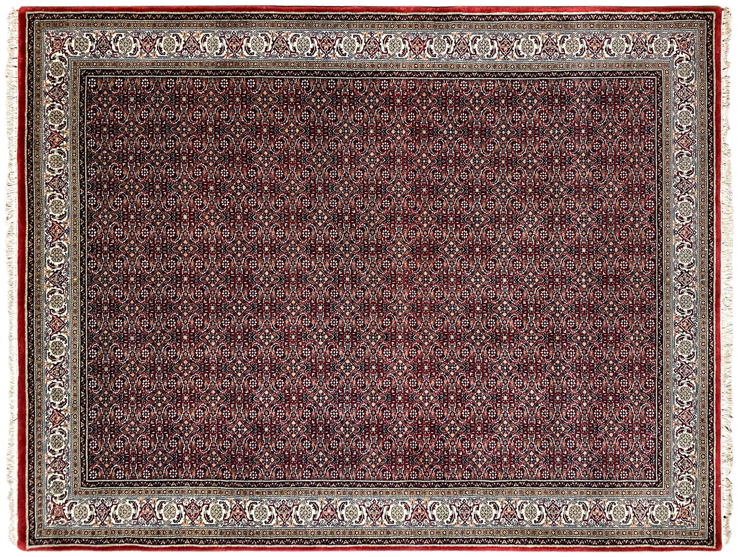 Roter Orient Teppich mit durchgehendem geometrischem Muster und Bordüre