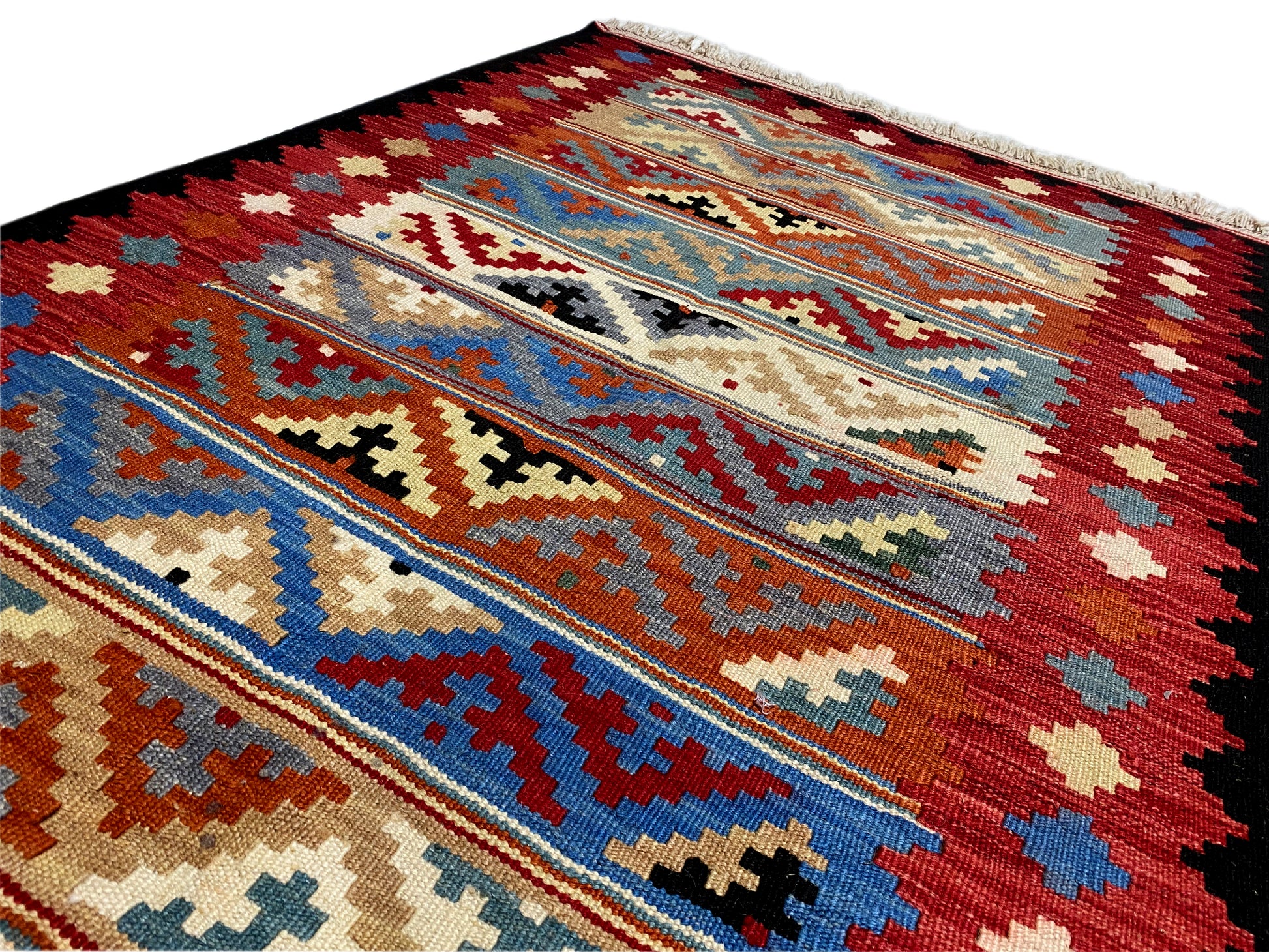 Ethno Teppich Kelim rot handgewebt mit geometrischen Mustern und Bordüre